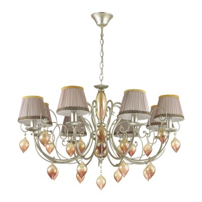 Люстра Odeon light 3925/8 PERSIA Люстра Odeon light 3925/8 PERSIAОжидается<br>Элегантная люстра 3925/8 серии Persia выполнена в классическом стиле. Арматура светильника выполнена в красивом цвете матовое серебро, основание дополнено стеклянными элементами и подвесками темного коньячного цвета, отдающими красивым глянцевым блеском. Полупрозрачные абажуры выполнены из очень нежной органзы с роскошным пудровым оттенком, придающим светильнику столь элегантный и утонченный образ. Цоколь Е14. Мощность 8*40W. Нет ламп в комплекте.<br><br>Тип цоколя: E14<br>Количество ламп: 8<br>Ширина, мм: 870<br>Высота полная, мм: 1264<br>Длина, мм: 870<br>Высота, мм: 542<br>Оттенок (цвет): матовое серебро/ткань/стекло/хрусталь<br>MAX мощность ламп, Вт: 40