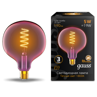 Лампа Gauss Filament G125 5W 190lm 1800К Е27 pink flexible LED (1011802105)