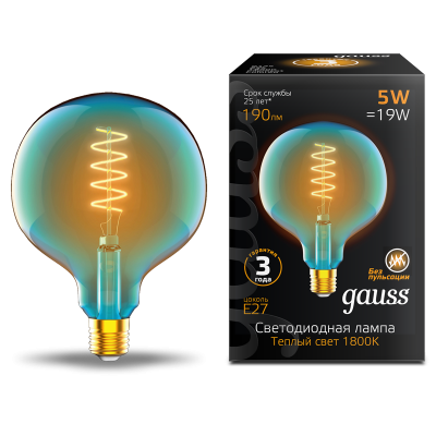 Лампа Gauss Filament G125 5W 190lm 1800К Е27 sky blue flexible LED (1013802105)