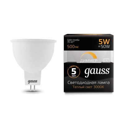

Лампа Gauss LED MR16 GU5.3-dim 5W 2700K диммируемая (101505105-D), 101505105-D