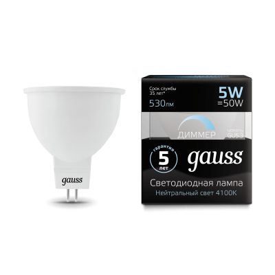 Лампа Gauss LED MR16 GU5.3-dim 5W 4100K диммируемая (101505205-D)