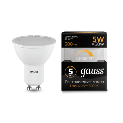 

Лампа Gauss LED MR16 GU10-dim 5W 500lm 3000K диммируемая 101506105-D, 101506105-D