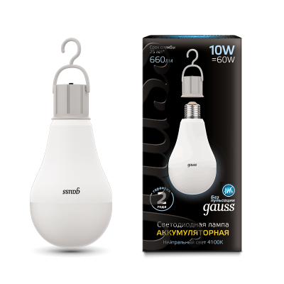 

Лампа Gauss LED A60 10W E27 660lm 4100K с Li-Ion аккумулятором (102402200), 102402200