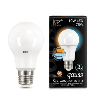 

Лампа Gauss LED A60 10W E27 930lm 2700K/4100K CTC (102502110), 102502110