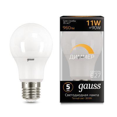 

Лампа Gauss LED A60-dim E27 11W 960lm 3000К диммируемая 1/10/50, 102502111-D