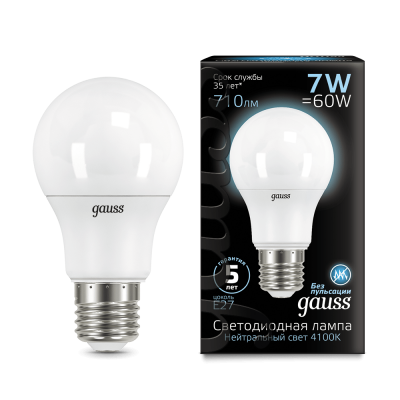 

Лампа Gauss LED A60 E27 7W 710lm 4100K (102502207), 102502207