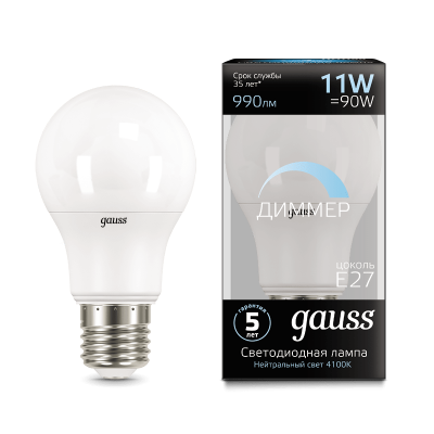 

Лампа Gauss LED A60-dim E27 11W 990lm 4100К диммируемая 1/10/50, 102502211-D