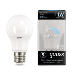 Лампа Gauss LED A60-dim E27 11W 990lm 4100К диммируемая 1/10/50
