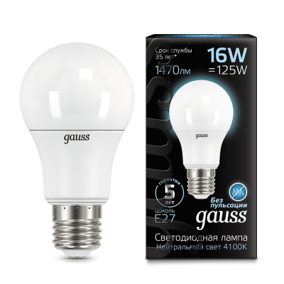 

Лампа Gauss LED A60 16W E27 1470lm 4100K (102502216), 102502216