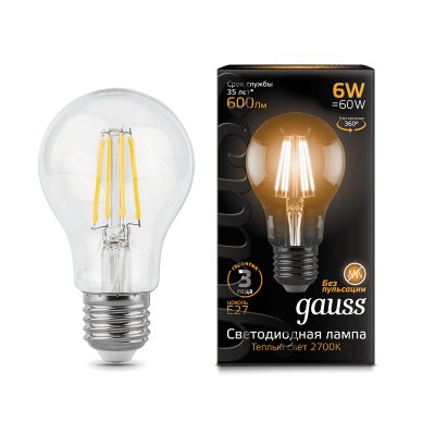 

Лампа Gauss LED Filament A60 E27 6W 600lm 2700К (102802106), 102802106