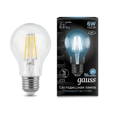 

Лампа Gauss LED Filament A60 E27 6W 630lm 4100К (102802206), 102802206