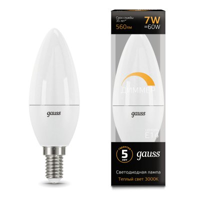

Лампа Gauss LED Свеча-dim E14 7W 560lm 3000К диммируемая (103101107-D), 103101107-D