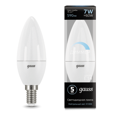 

Лампа Gauss LED Свеча-dim E14 7W 590lm 4100К диммируемая 1/10/100, 103101207-D