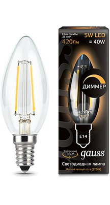 

Лампа Gauss LED Filament Свеча dimmable E14 5W 420lm 2700К 1/10/50, 103801105-D