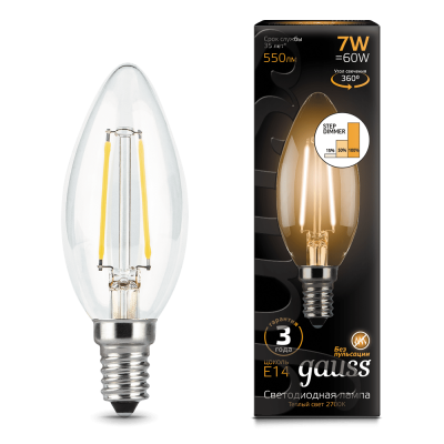Лампа Gauss LED Filament Свеча E14 7W 550lm 2700К step dimmable 1/10/50