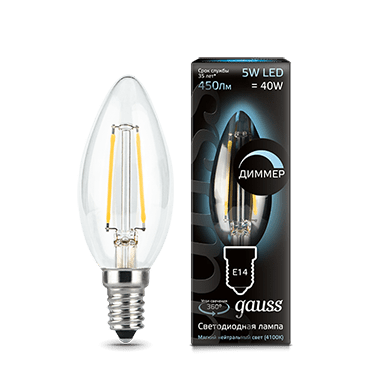 

Лампа Gauss LED Filament Свеча dimmable E14 5W 450lm 4100К 1/10/50, 103801205-D
