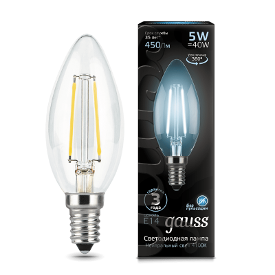 

Лампа Gauss LED Filament Свеча E14 5W 450lm 4100К (103801205), 103801205