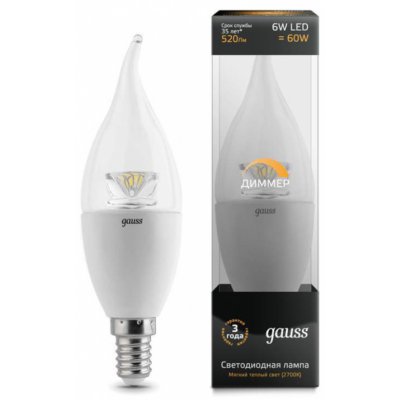 Лампа Gauss EB104201206-D LED Candle Tailed Crystal Clear E14 6W 4100K диммируемая
