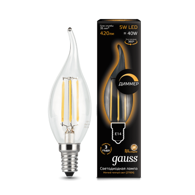 

Лампа Gauss LED Filament Свеча на ветру dimmable E14 5W 420lm 2700K 1/10/50, 104801105-D