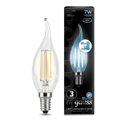 

Лампа Gauss LED Filament Свеча на ветру E14 7W 580lm 4100K step dimmable 1/10/50, 104801207-S