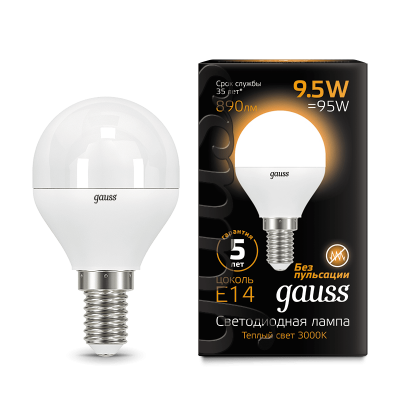 

Лампа Gauss LED Шар E14 9.5W 890lm 3000K (105101110), 105101110