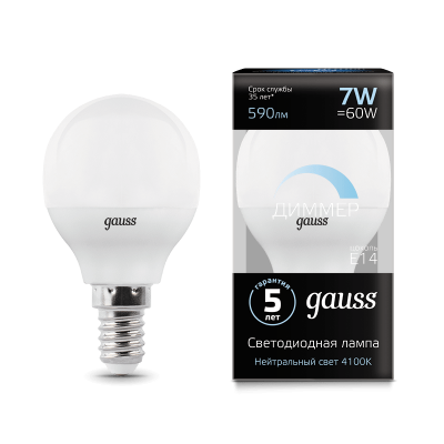 

Лампа Gauss LED Шар-dim E14 7W 590lm 4100К диммируемая 1/10/100, 105101207-D