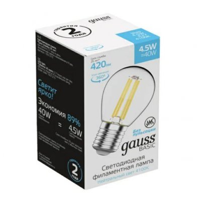 Лампа Gauss Basic Filament Шар 4,5W 420lm 4100К Е27 LED (1051215)