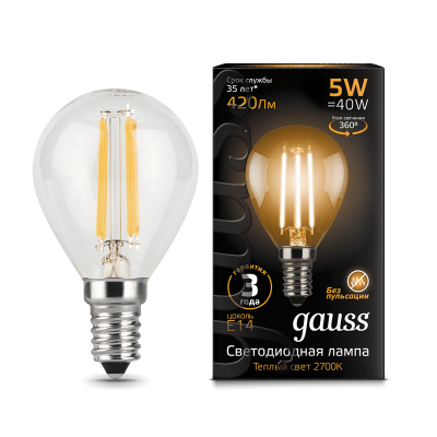 

Лампа Gauss LED Filament Шар E14 5W 420lm 2700K (105801105), 105801105