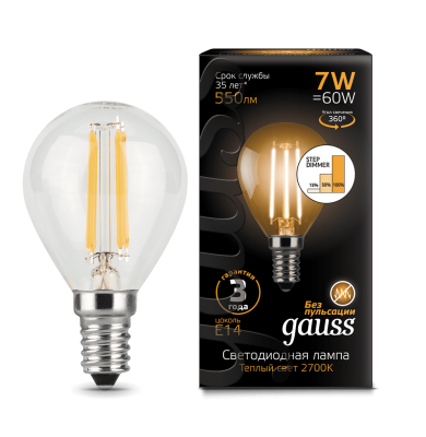 

Лампа Gauss LED Filament Шар E14 7W 550lm 2700K step dimmable 1/10/50, 105801107-S