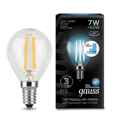 

Лампа Gauss LED Filament Шар E14 7W 580lm 4100K step dimmable 1/10/50, 105801207-S