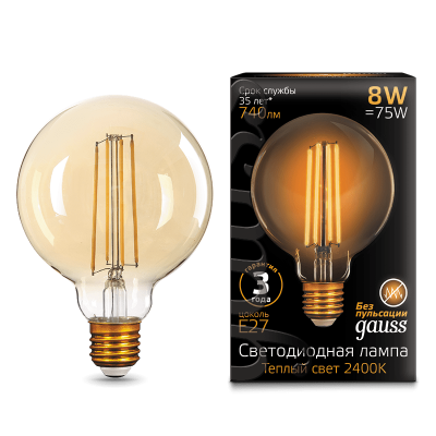 

Лампа Gauss LED Filament G95 E27 8W Golden 740lm 2400К (105802008), 105802008