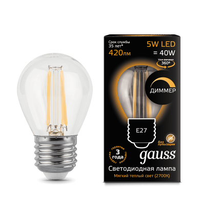 

Лампа диодная диммируемая Gauss LED Filament Шар dimmable E27 5W 420lm 2700K 105802105-D, 105802105-D