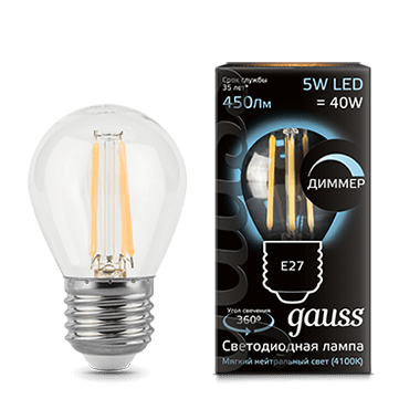 Лампа Gauss LED Filament Шар dimmable E27 5W 450lm 4100K 1/10/50 Лампа Gauss LED Filament Шар dimmable E27 5W 450lm 4100K 1/10/50