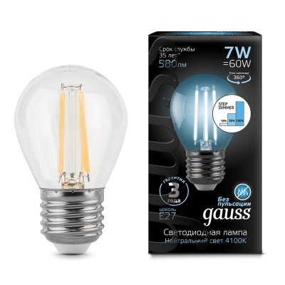 

Лампа Gauss LED Filament Шар E27 7W 580lm 4100K step dimmable 1/10/50, 105802207-S