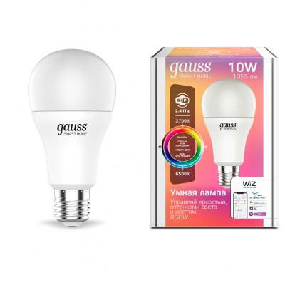 

Лампа Gauss Smart Home A60 10W 1055lm 2700-6500К E27 RGBW+изм.цвет.темп.+диммирование LED (1180112), 1180112