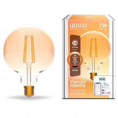 

Лампа Gauss Smart Home Filament G95 7W 740lm 2500К E27 диммируемая LED (1320112), 1320112