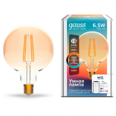 

Лампа Gauss Smart Home Filament G95 6,5W 720lm 2000-5500К E27 изм.цвет.темпр.+диммирование LED (1340112), 1340112