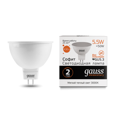 

Лампа Gauss LED Elementary MR16 GU5.3 5.5W 430lm 3000К (13516), 13516