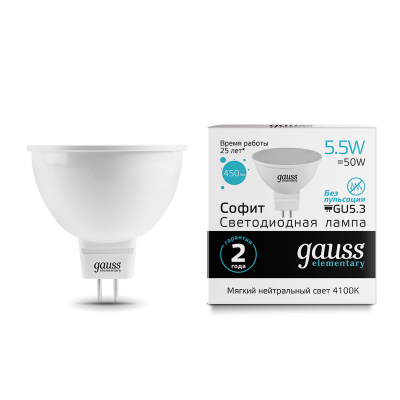 

Лампа Gauss LED Elementary MR16 GU5.3 5.5W 450lm 4100К (13526), 13526