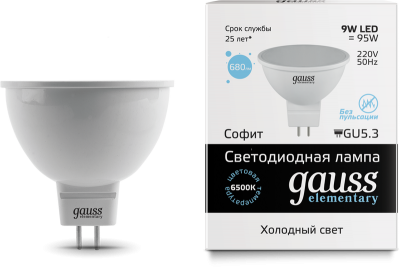 

Лампа Gauss LED Elementary MR16 GU5.3 9W 680lm 6500K (13539), 13539