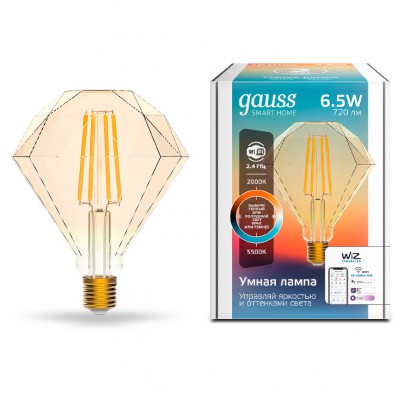 

Лампа Gauss Smart Home Filament Diamond 6,5W 720lm 2000-5500К E27 изм.цвет.темпр.+дим. LED (1370112), 1370112