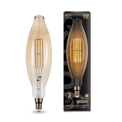 Лампа Gauss Filament BT120 6W 780lm 2400К Е27 golden straight LED (155802008) Лампа Gauss Filament BT120 6W 780lm 2400К Е27 golden straight LED (155802008)
