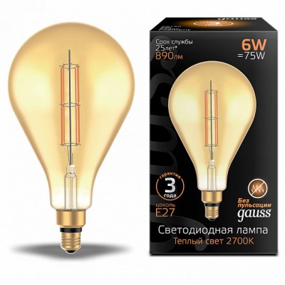 Лампа Gauss Filament PS160 6W 890lm 2700К Е27 golden straight LED (179802118)