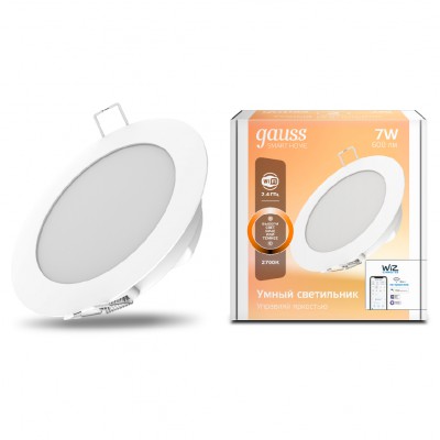 

Светильник даунлайт Gauss Smart Home 7W 600lm 2700К 220-240V IP20 105*35мм диммируемый LED (2010122), 2010122