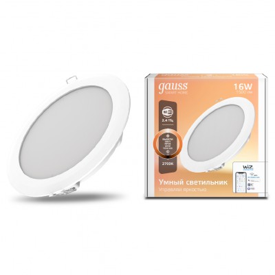 

Светильник даунлайт Gauss Smart Home 16W 1500lm 2700К 220-240V IP20 165*38мм диммируемый LED (2020122), 2020122