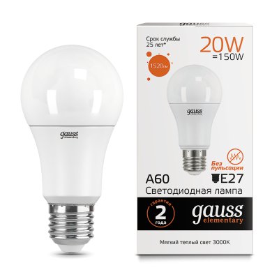 

Лампа Gauss LED Elementary A60 20W E27 1520lm 3000K (23219), 23219