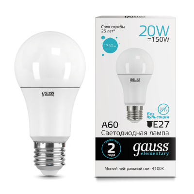 

Лампа диодная Gauss LED Elementary A60 20W E27 1600lm 4100K (23229), 23229