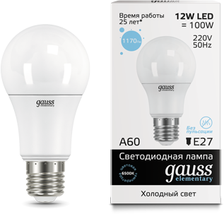 

Лампа Gauss LED Elementary A60 12W E27 1170lm 6500K (23232), 23232