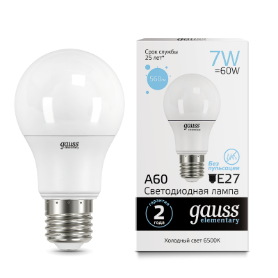 Лампа Gauss Elementary A60 7W 560lm 6500K E27 LED (23237A) Лампа Gauss Elementary A60 7W 560lm 6500K E27 LED (23237A)