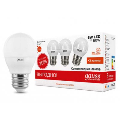 Лампа Gauss LED Elementary Globe 6W E27 2700K (3 лампы в упаковке)